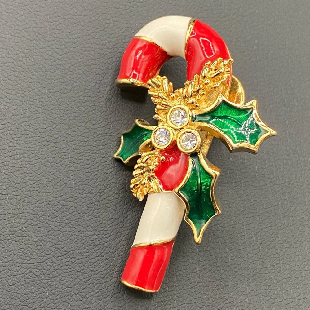 Vintage Christmas Candy Cane Tack Pin Made of Enamel and Rhinestone